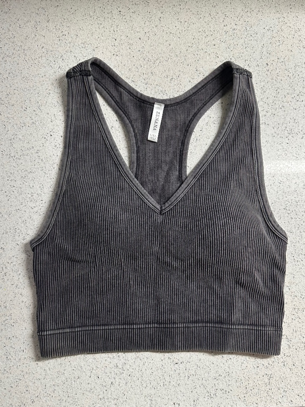 Zenana Washed Ribbed Seamless Racerback Tank w/ Bra Pad - Ash Black - Size L/XL